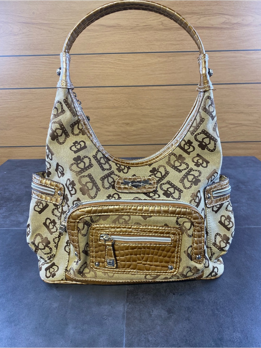 VTG Kathy Van Zeeland Bronze Monogram Croc-Trim Hobo Shoulder Bag 2 charms-CLEAN